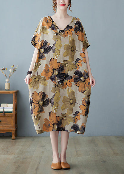 Purple Flowers V Neck Print Long Dress Short Sleeve