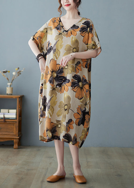Purple Flowers V Neck Print Long Dress Short Sleeve