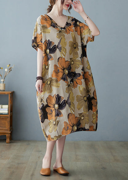 Khaki Geometry V Neck Print Long Dress Short Sleeve