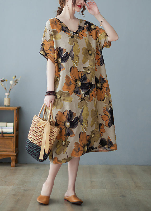 Khaki V Neck Print Long Dress Short Sleeve