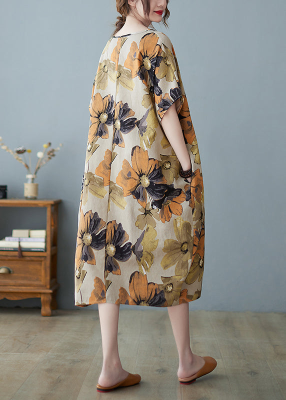 Purple Flowers V Neck Print Long Dress Short Sleeve