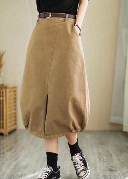Khaki Side Open High Waist Cotton Skirt Spring