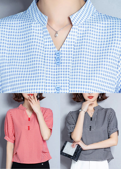 Light Blue Plaid Button Chiffon Shirt Top Summer