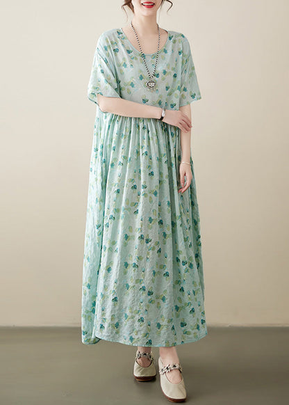 Light Green O-neck Patchwork Print Cotton Holiday Maxi Dress Short Sleeve