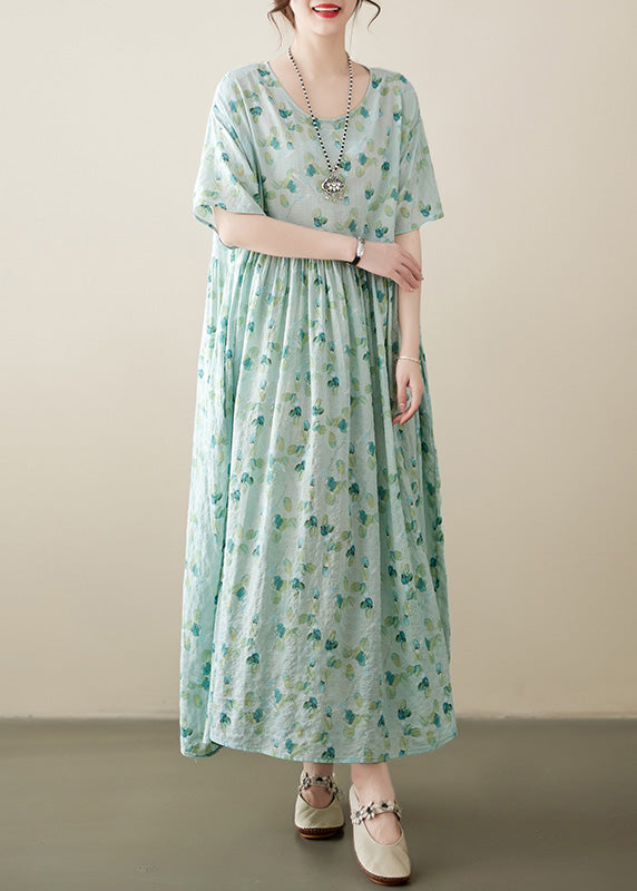 Light Green O-neck Patchwork Print Cotton Holiday Maxi Dress Short Sleeve
