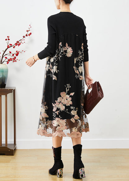 Light Pink Embroideried Patchwork Knit Dresses Fall