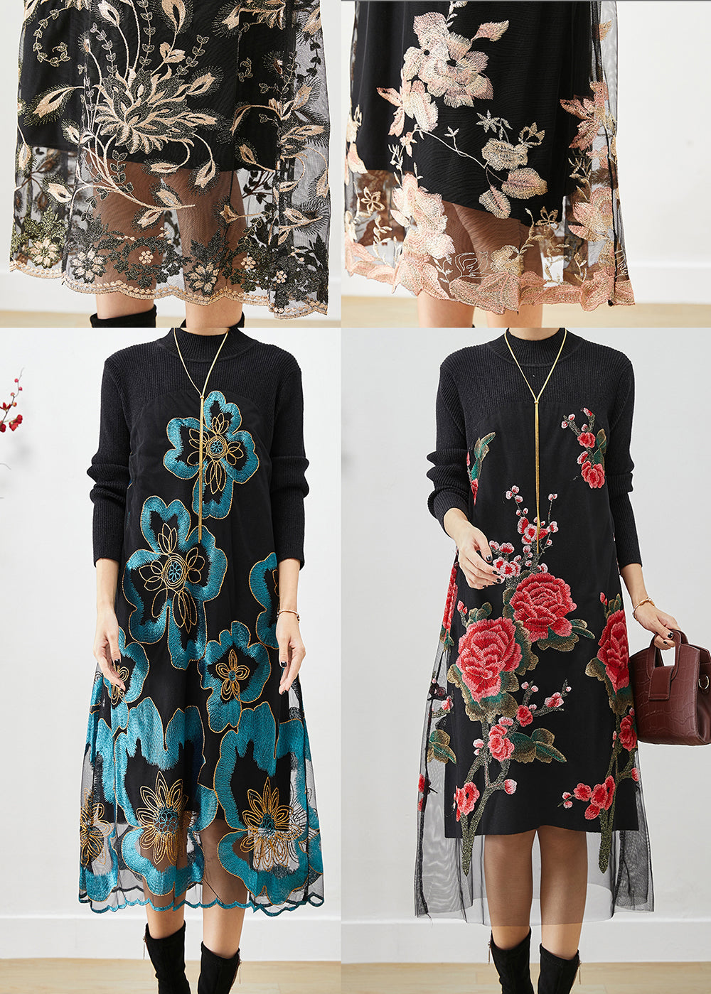 Light Pink Embroideried Patchwork Knit Dresses Fall