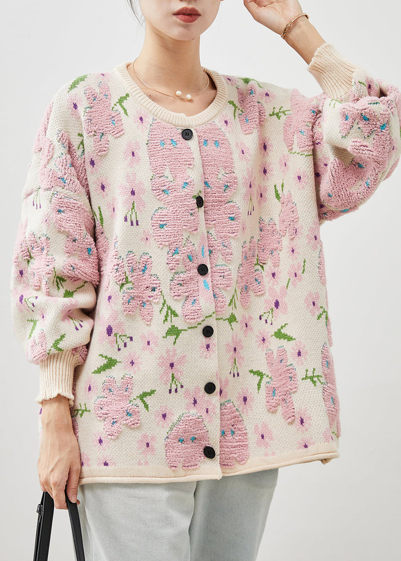 Light Pink Oversized Jacquard Knit Cardigans Winter