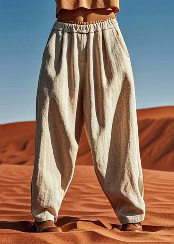 Linen Patchwork Elastic Waist Waist Wide Pants