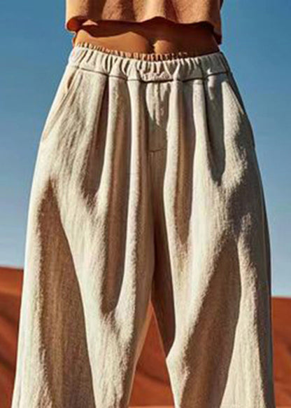 Linen Patchwork Elastic Waist Waist Wide Pants