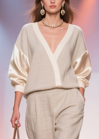 Linen V Neck Pockets Silk Patchwork Tops and Crop Pants Two Piece Set Spring