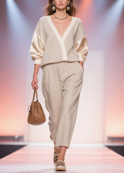 Linen V Neck Pockets Silk Patchwork Tops and Crop Pants Two Piece Set Spring