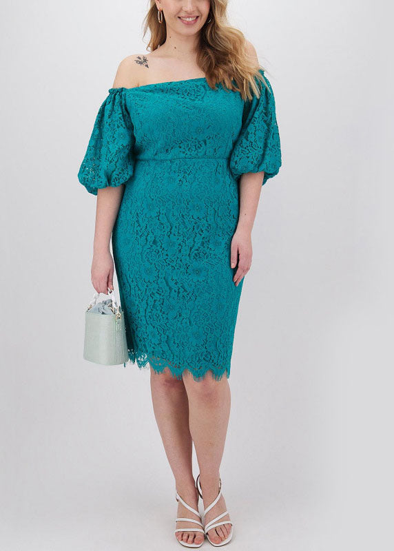Malachite Green Patchwork Lace Mid Dress Short Sleeve