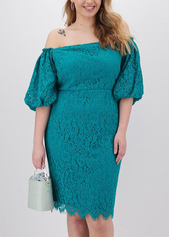 Malachite Green Patchwork Lace Mid Dress Short Sleeve