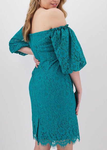Malachite Green Patchwork Lace Mid Dress Short Sleeve