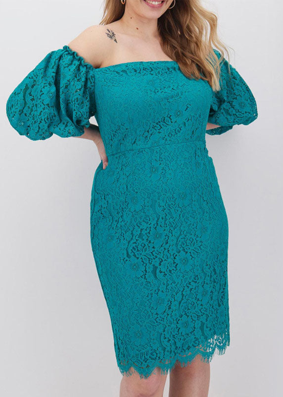 Malachite Green Patchwork Lace Mid Dress Short Sleeve