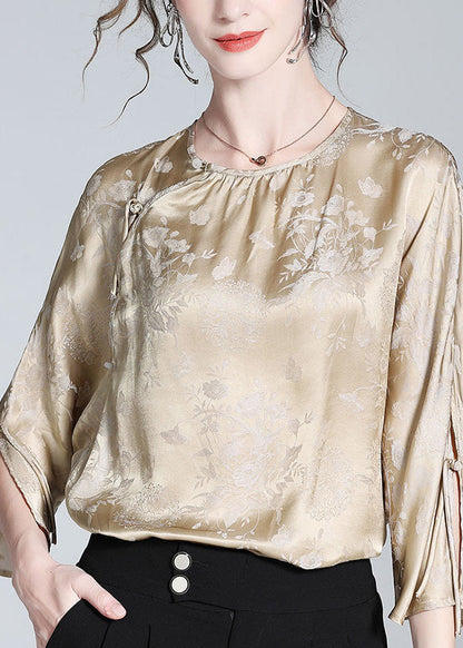 Milk Tea Colour O-neck Button Silk Top Spring