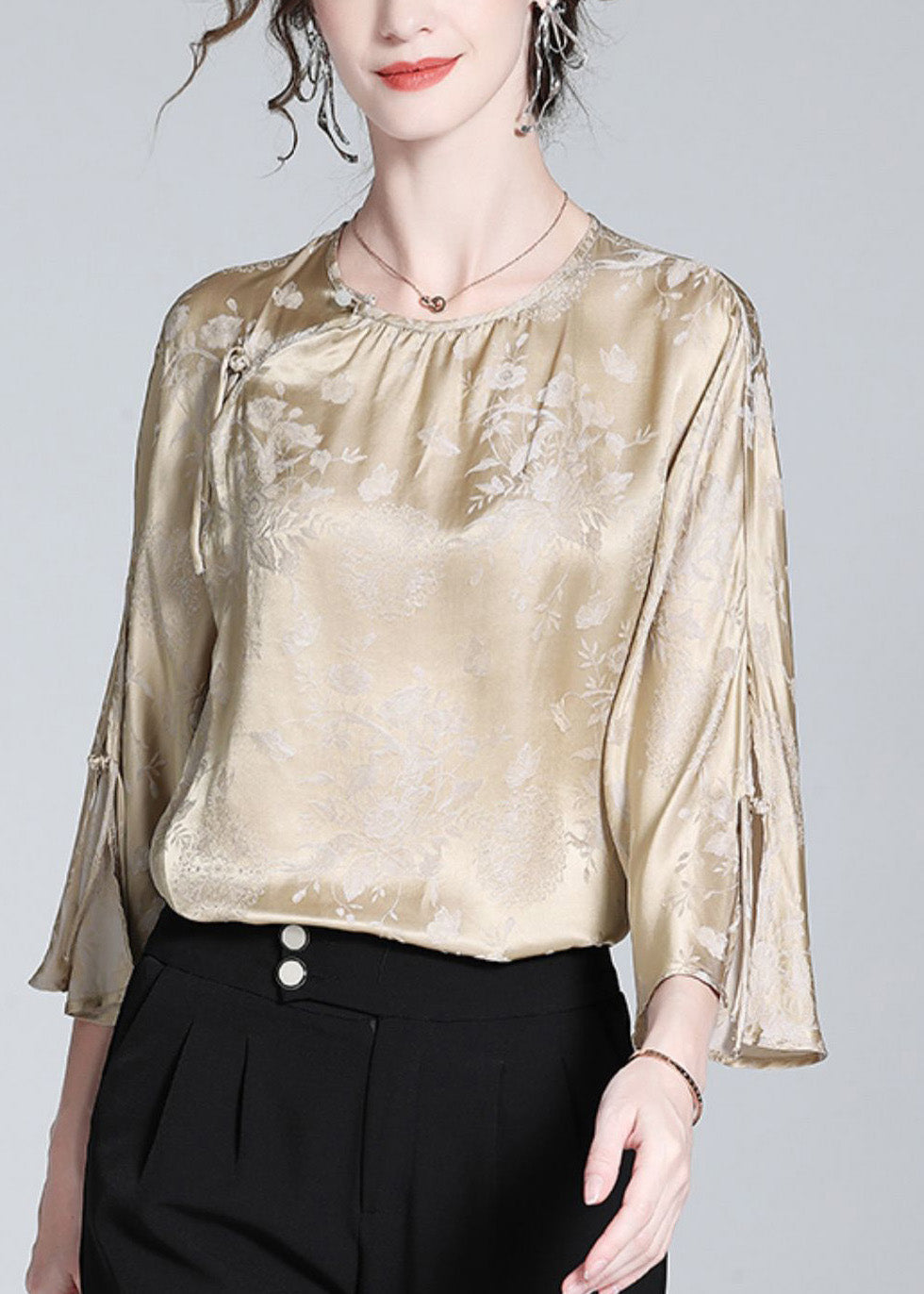 Milk Tea Colour O-neck Button Silk Top Spring