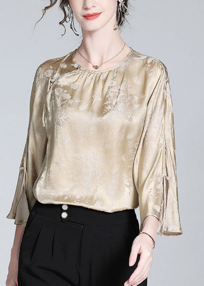 Milk Tea Colour O-neck Button Silk Top Spring
