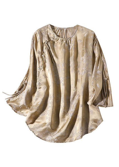 Milk Tea Colour O-neck Button Silk Top Spring