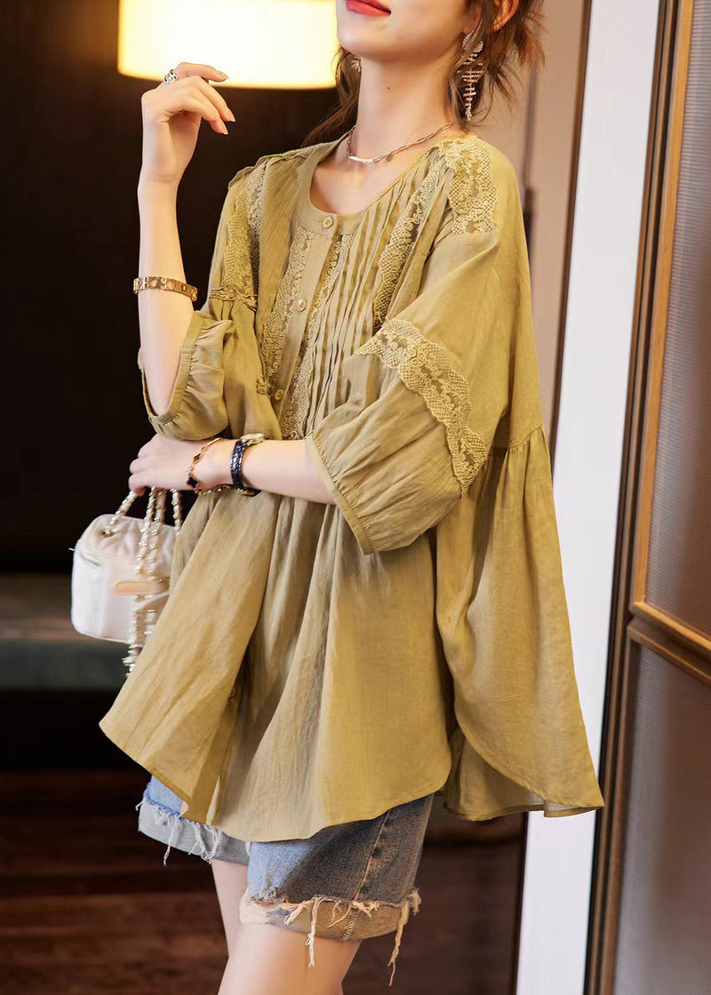 Mulberry O-neck Patchwork Wrinkled Shirts Bracelet Sleeve