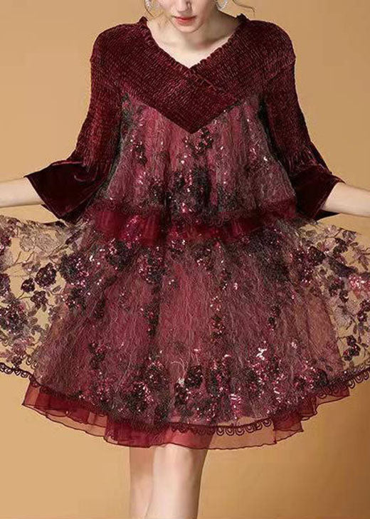 Mulberry Sequins Tulle Embroideried Velour Mini Dress Winter