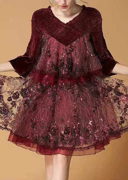 Mulberry Sequins Tulle Embroideried Velour Mini Dress Winter