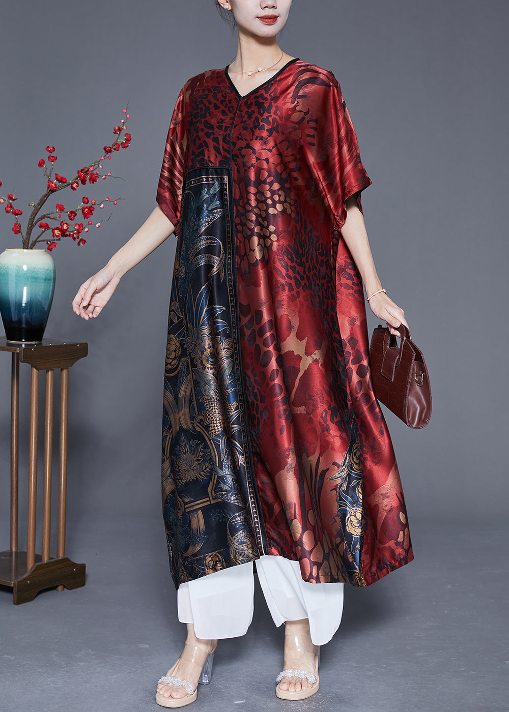 Mulberry V Neck Print Silk Long Dress Summer