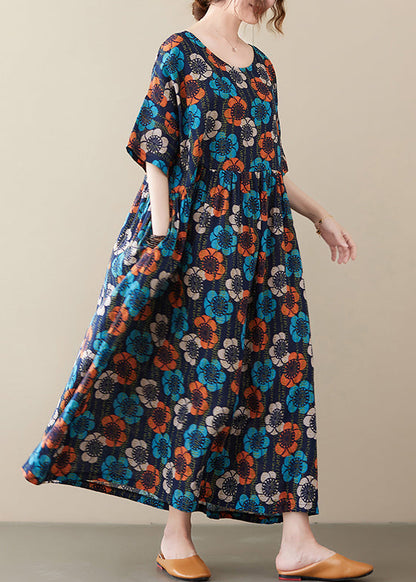 Multi O Neck Print Cotton Long Dress Short Sleeve