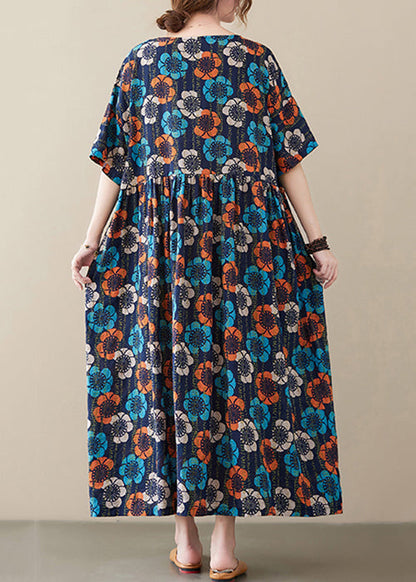 Multi O Neck Print Cotton Long Dress Short Sleeve
