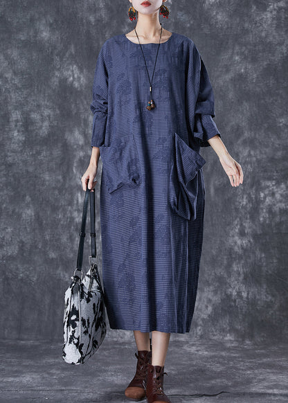 Navy Asymmetrical Pockets Striped Linen Gown Dresses Fall