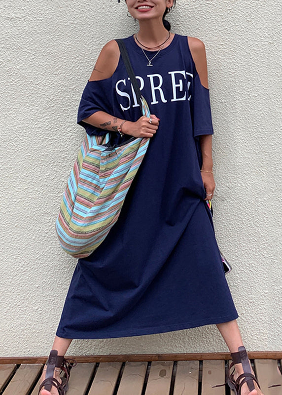 Navy Blue Graphic Cold Shoulder Holiday Maxi Dress Short Sleeve