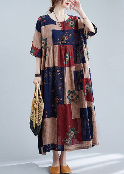 Navy Cinched O-neck Print Dresses Half Sleeve