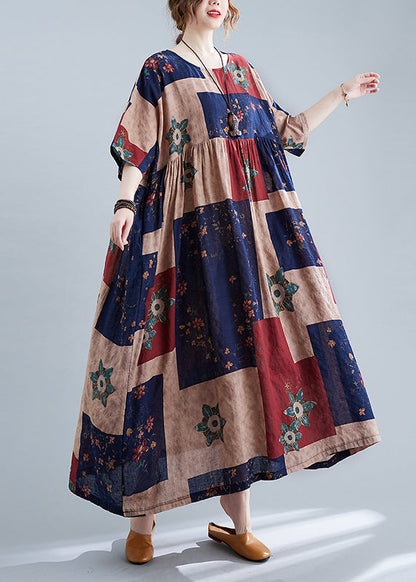 Navy Cinched O-neck Print Dresses Half Sleeve
