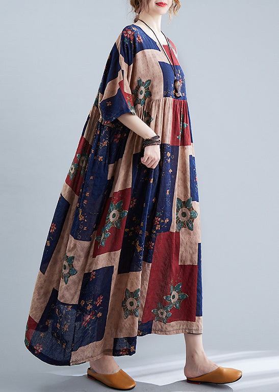 Navy Cinched O-neck Print Dresses Half Sleeve