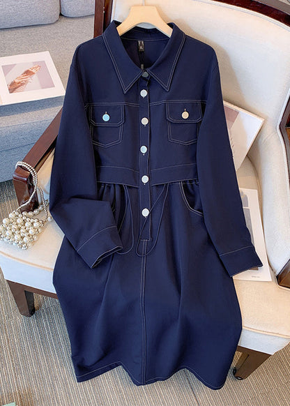 Navy Drawstring Pockets Denim Dress Long Sleeve