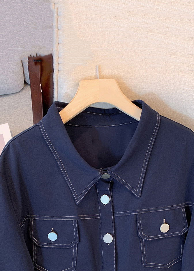 Navy Drawstring Pockets Denim Dress Long Sleeve