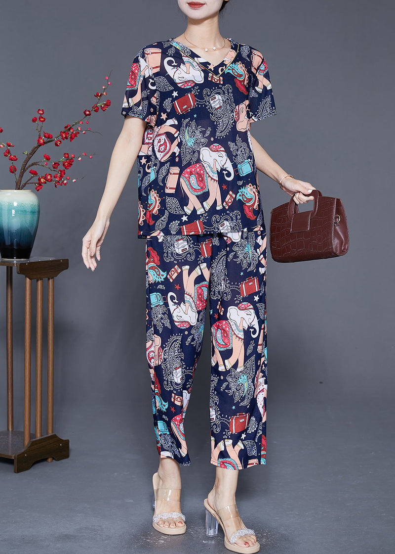 Navy Elephant Print Chiffon Sets 2 Pieces Summer