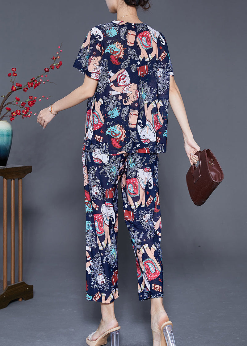 Navy Elephant Print Chiffon Sets 2 Pieces Summer