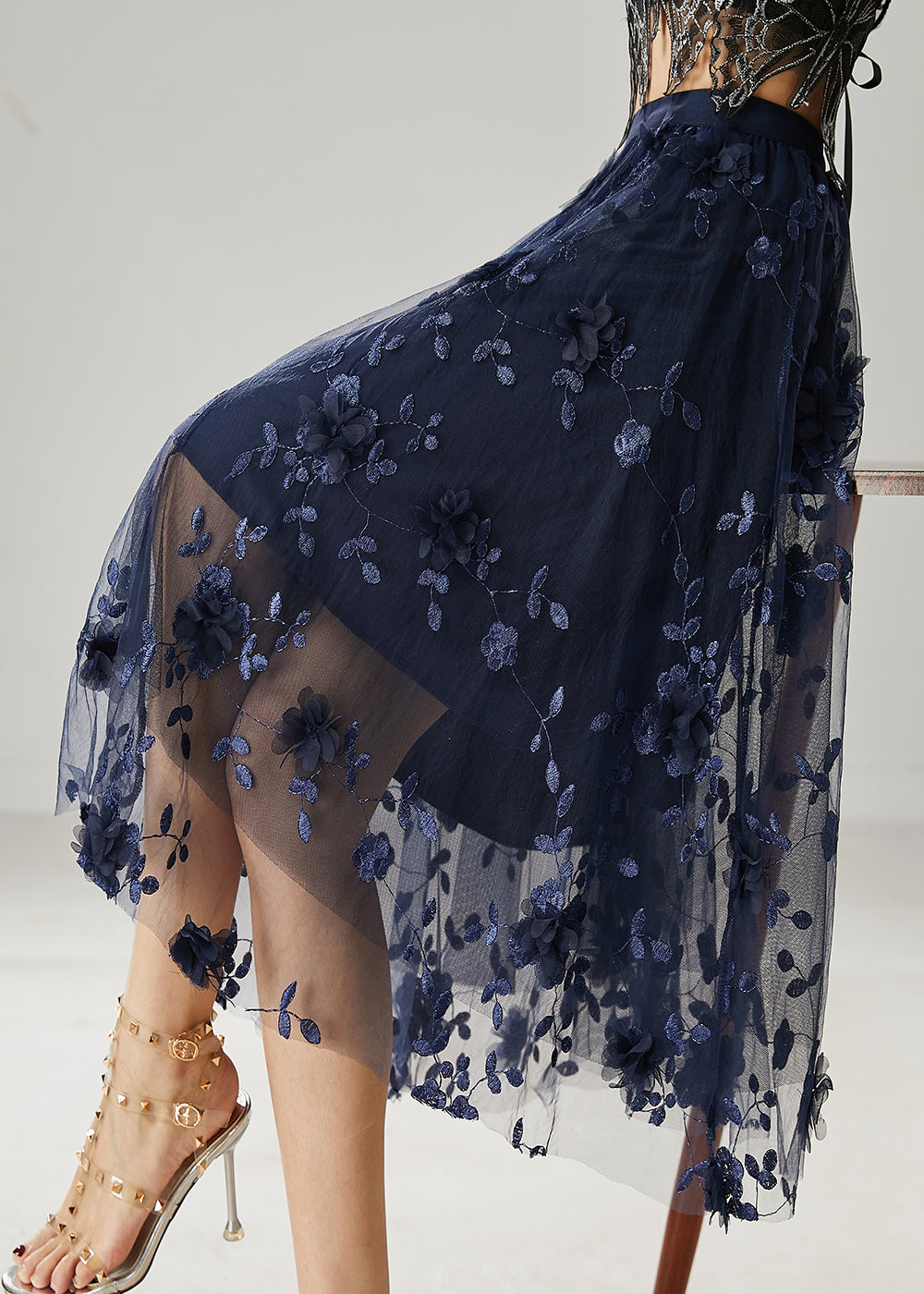 Navy Embroidered Tulle Skirts Summer