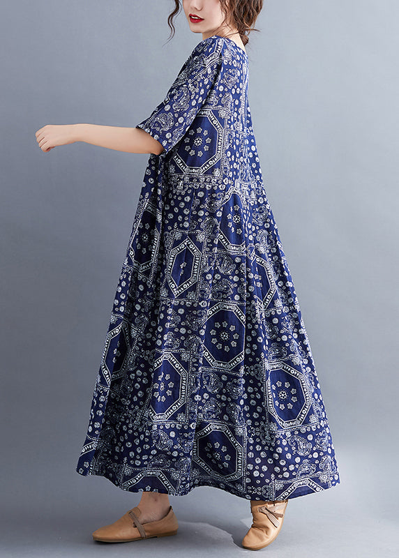 Navy O-neck Print Cotton Long Dress Short Sleeve