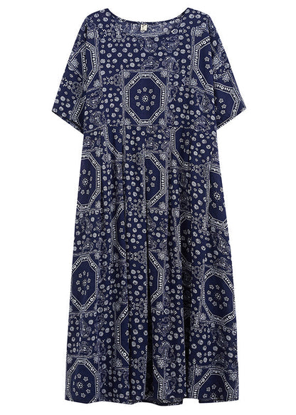 Navy O-neck Print Cotton Long Dress Short Sleeve