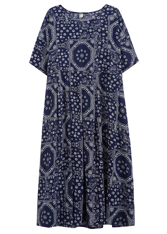 Navy O-neck Print Cotton Long Dress Short Sleeve