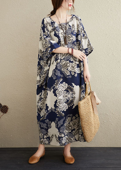 Navy O-neck Print Cotton Maxi Dresses Caftan Short Sleeve