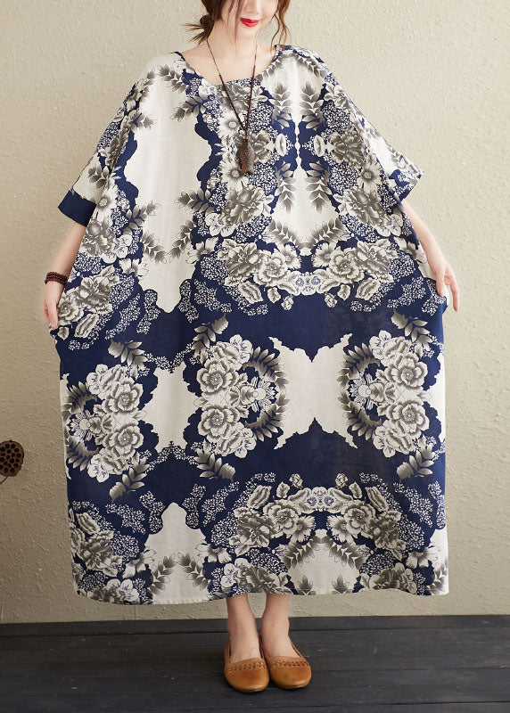 Navy O-neck Print Cotton Maxi Dresses Caftan Short Sleeve