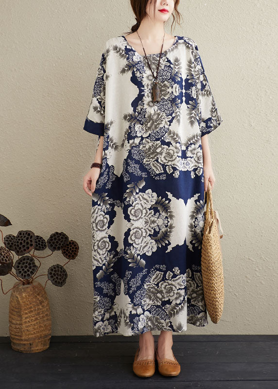 Navy O-neck Print Cotton Maxi Dresses Caftan Short Sleeve
