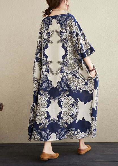 Navy O-neck Print Cotton Maxi Dresses Caftan Short Sleeve