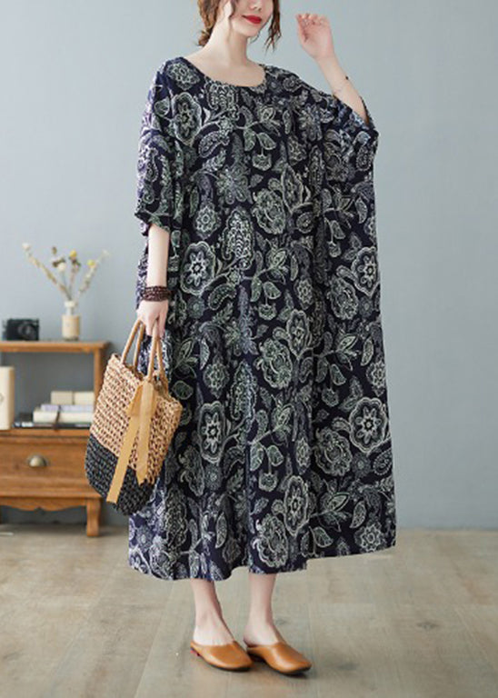 Navy O-neck Print Holiday Long Dress Half Sleeve