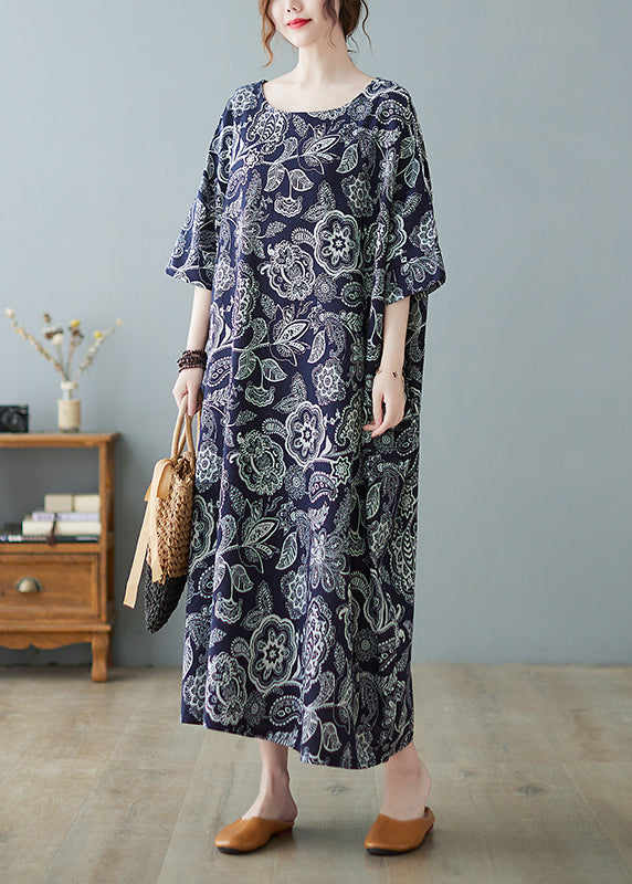 Navy O-neck Print Holiday Long Dress Half Sleeve