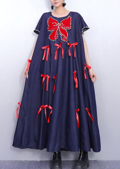Navy Oversized Butterfly Bow Denim Maxi Dresses Summer